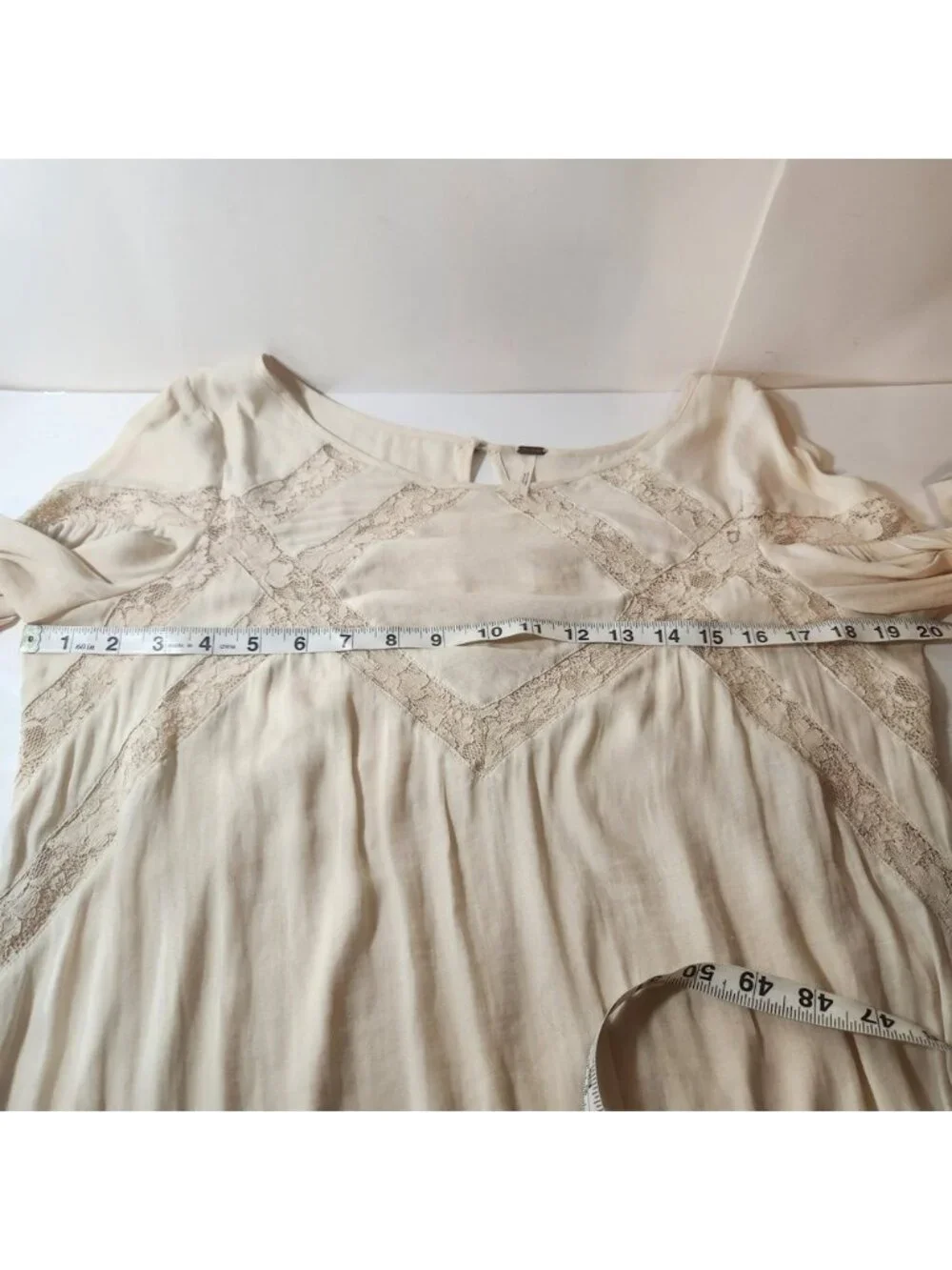 Free‎ People Cream Lace Diamond Boho Balloon Sleeve Smocked Blouse Top Cream m